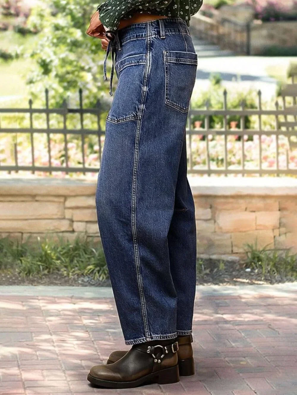 Women's Mid Waist Straight Leg Jeans Drawstring Cropped Jeans Women Stretchy - Picture 3 of 6